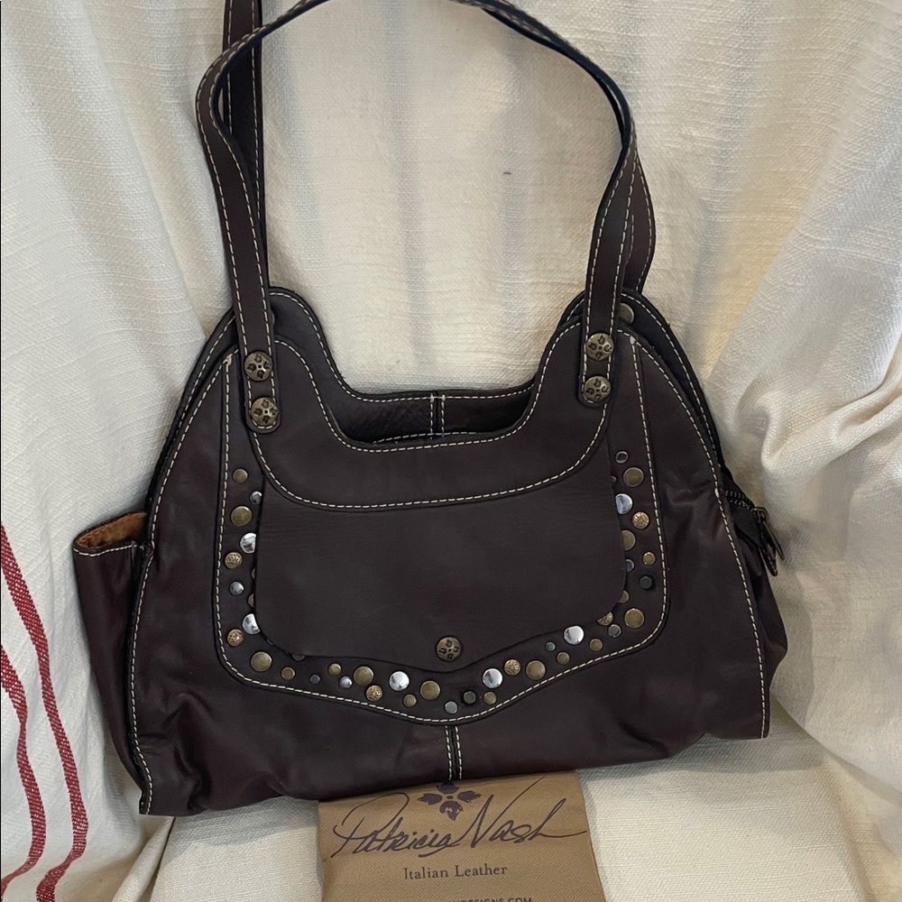 Patricia Nash Italian Leather Studded Dark Brown Shoulder Bag